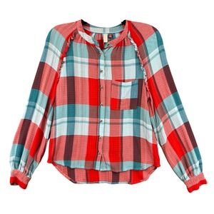 Pilcro Anthropologie Plaid Ruffle Blouse Red Teal Size XS Cottagecore Boho